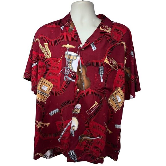 Paradise Found Mens Vintage Hawaiian Button Up Shirt Large Pocket Jazz Music USA - Picture 1 of 8
